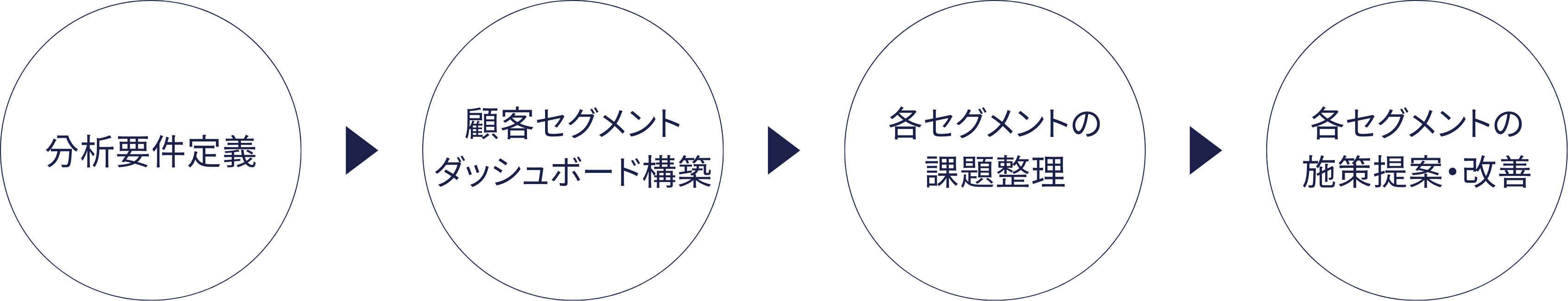 分析要件定義、顧客セグメントダッシュボード構築、各セグメントの課題整理、各セグメントの施策提案・改善